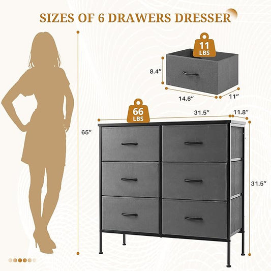 6-Drawer Fabric Dresser, Chest of Drawers Clothes Cabinet for Closet & Bedroom, Storage Organizer with Steel Frame for Entryway, Dorm, Living Room, Grey