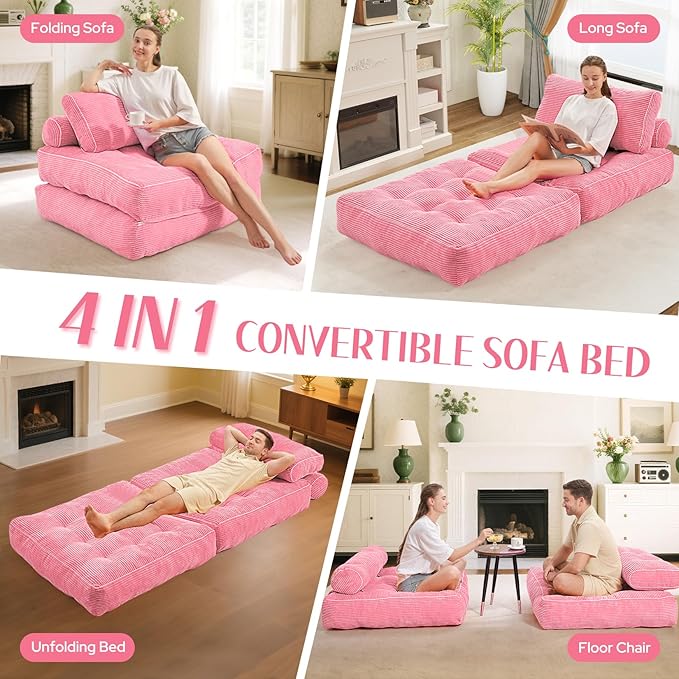 HABUTWAY Folding Sofa Bed, Convertible Sleeper Chair Bed w/Dual-Pillow & Handle, Foldable Floor Sofa Lounge w/Back Support for Living Room, Bedroom, Apartment, Office, Single, Pink