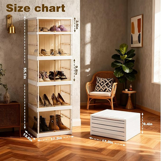 5-Tier Plastic Foldable Storage Cabinet with Built-in Wheels, Dust-Proof Lightweight, collapsible Multifunctional organizer with Magnetic Clear Door for Shoes, Bags, Books, Entryway, Bedroom, Office