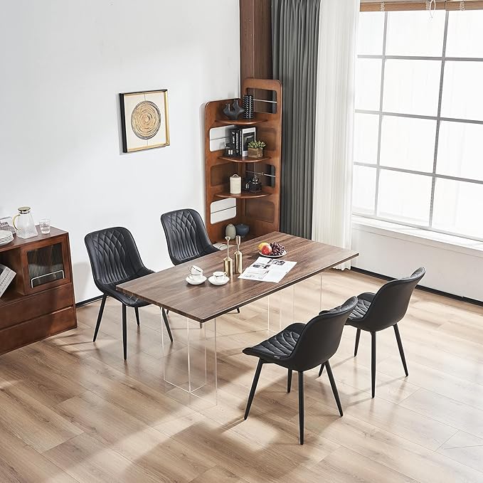 YOUNIKE Black Faux Leather Dining Chairs Set of 2 Mid-Century Modern High Padded Back Comfy Upholstered Kitchen Chairs with Metal Legs Wide Seat Accent Side Chair for Dining/Living/Waiting Room
