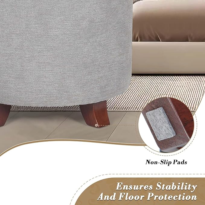 Athena Collection 15 Inch Small Ottoman with Storage, Round Linen Fabric Storage Ottoman Foot Rest with Removable Lid, Multipurpose Footstool Footrest for Living Room, Bedroom, Dorm, Grey