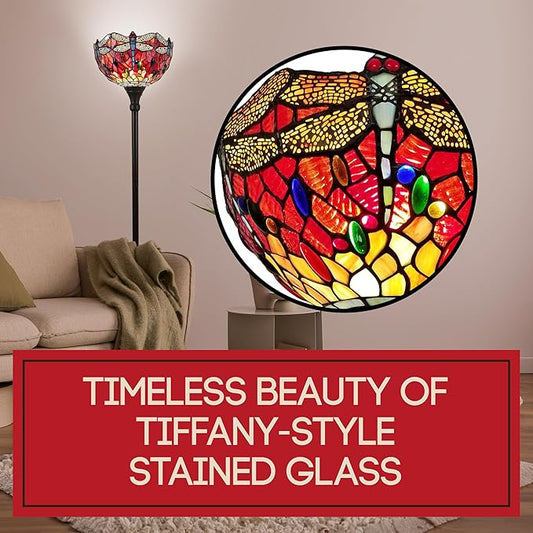 Amora Upright Tiffany Floor Lamp - 74” Dragonfly Stained Glass Floor Lamp
