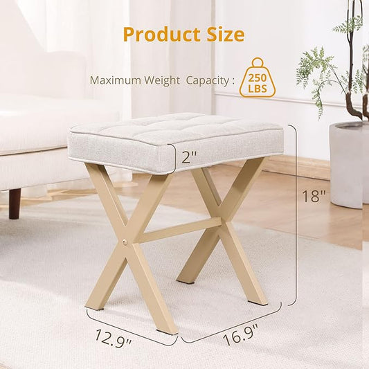 LUE BONA Square Linen Makeup Stool, Metal X Legs, Small Ottoman Stool Chair for Vanity, Modern Padded Seat Foot Rest for Makeup Room, Bathroom