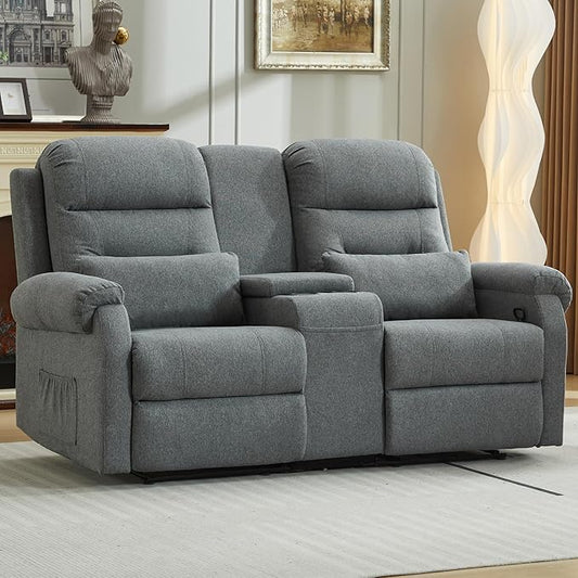 DRMBOOK RV Loveseat Recliner Sofa with Console, Linen Fabric Double Wall Hugger Reclining Couch Manual Home Movie Seating 2 Person Recliner Chair with Cup Holders/Storage/Pocket/Lumbar Pillow, Grey