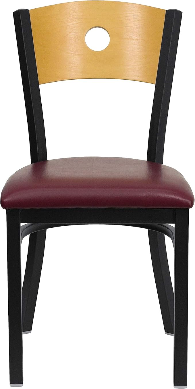 Flash Furniture HERCULES Series Black Circle Back Metal Restaurant Chair - Natural Wood Back, Burgundy Vinyl Seat