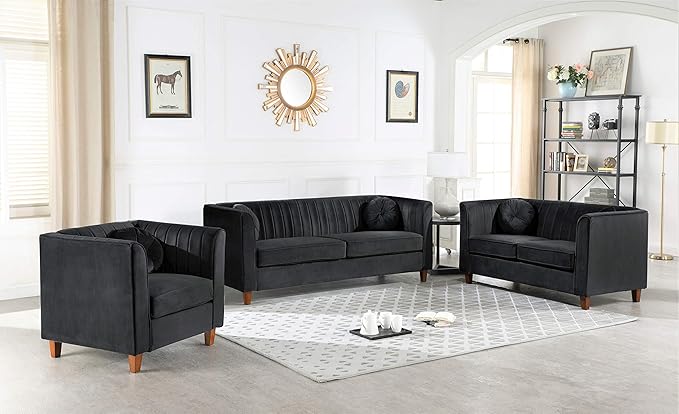 Container Furniture Direct Arvilla Velvet Chair with Bolster Pillows, Soft Upholstery, Mid Century Modern Design, Chesterfield-Inspired Accent Armchair for Living Rooms, Midnight