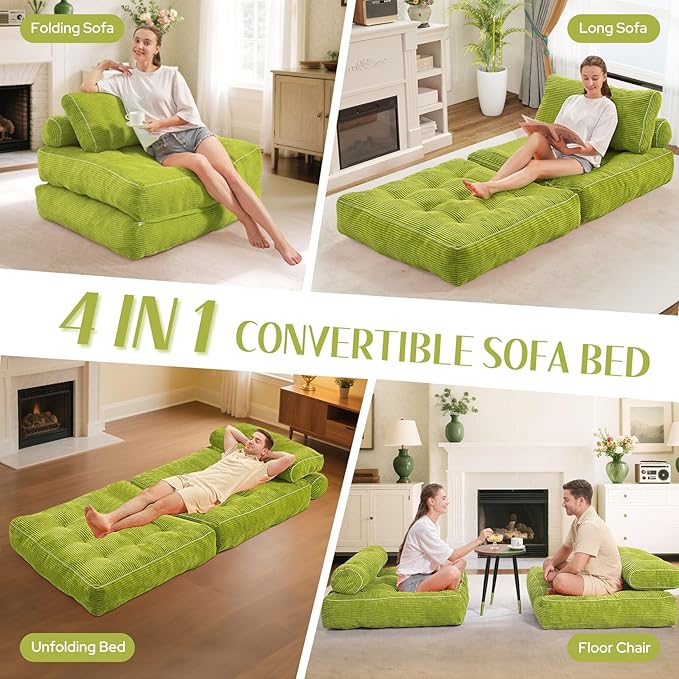 HABUTWAY Folding Sofa Bed, Convertible Sleeper Chair Bed w/Dual-Pillow & Handle, Foldable Floor Sofa Lounge w/Back Support for Living Room, Bedroom, Apartment, Office, Single, Green