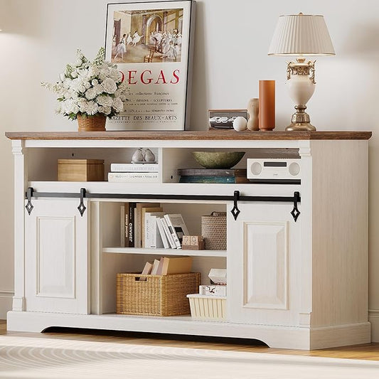 IRONCK Farmhouse TV Stand for 65+ Inch TV, 59" Entertainment Center with Storage Cabinets and Sliding Barn Door, Media Console for Living Room, White
