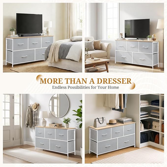 Dresser with 5 Drawers for Bedroom, Fabric Clothes Cabinet for Closet, Anti-Tip TV Stand for 45" TV, Storage Dresser with Metal Frame for Living Room, Entryway, Dorm, Light Grey