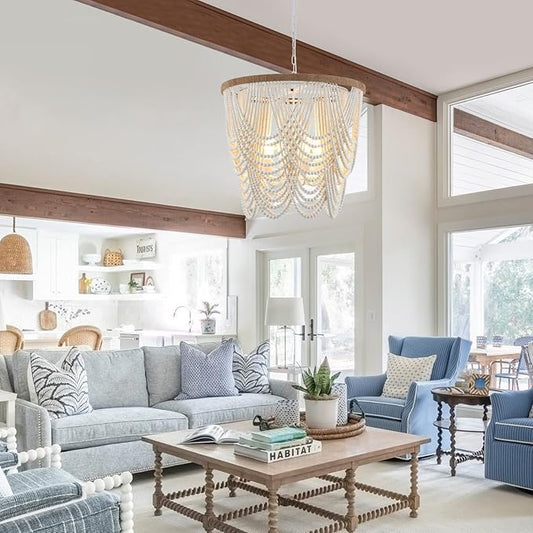 26” Boho Wood Beaded Chandelier Rustic Farmhouse Pendant Light 4-Lights Large Coastal Chandelier for Living Room Dining Room Foyer Entryway Bedroom, Oak White, E26, UL Listed