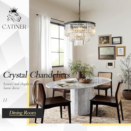 Black Crystal Chandeliers, 20” Modern Chandeliers for Dining Room 3 Tiers 7 Lights Luxury K9 Crystal Ceiling Pendant Round Light Fixture for Foyer Kitchen Bedroom Closet