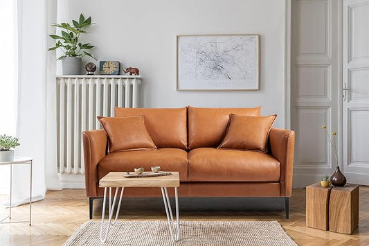 Valencia Jasper Cognac Tan Brown 60" Loveseat Full Leather Couch | Mid Century Leather Sofa with 2 Pillows for Living Room Furniture | Plush Cushions, Nappa Leather Lounge Couch