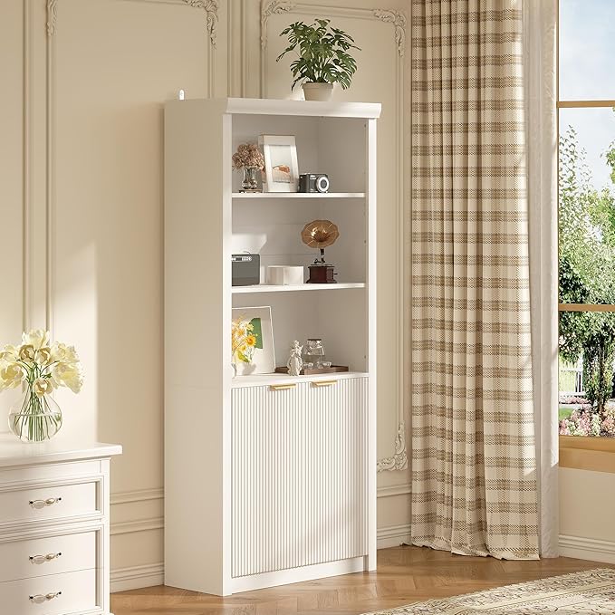 Garvee Tall Book Shelf and Bookcase, Wooden Bookcase with Doors, Modern Book Case with Large Storage Cabinet, 5-Shelf Bookcases with Adjustable top Shelve for Home Office, Living Room, 2 Set White