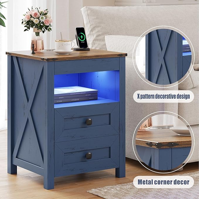 Night Stand Set 2 with Gun Drawer, Farmhouse Bedside Table with Charging Station, Gun Nightstand with LED Light & Human Sensor, Smart End Table for Bedroom, Blue