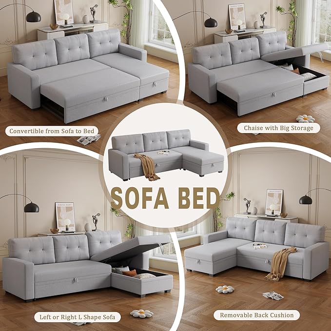 82" L-Shape Convertible Sleeper Sectional Sofa with Storage Chaise and Pull-Out Bed,Modular Corner Couch Lounge,w/Removable 3 Back Cushions and Armrest,for Home Furniture,Light Gray