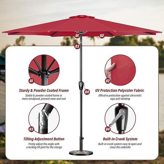 Simple Deluxe 9ft Patio Umbrella Outdoor UV-proof, Table Market Umbrella with Push Button Tilt and Crank, 8 Sturdy Ribs for Garden, Backyard, Pool, Deck, Red