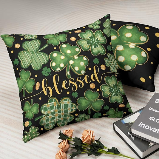 St Patricks Day Pillow Covers Lucky Blessed Pillow Cases Stripes Polka Dots Shamrock Throw Pillow Covers18x18 Set of 2 Green Black March Holiday Cushion Case for Sofa Couch Home Decor