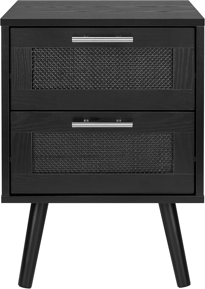 Finnhomy Nightstand, End Table, Side Table with 2 Hand Made Rattan Decorated Drawers, Nightstands Set of 2, Wood Accent Table with Storage for Bedroom, Full Black, 2 Pack