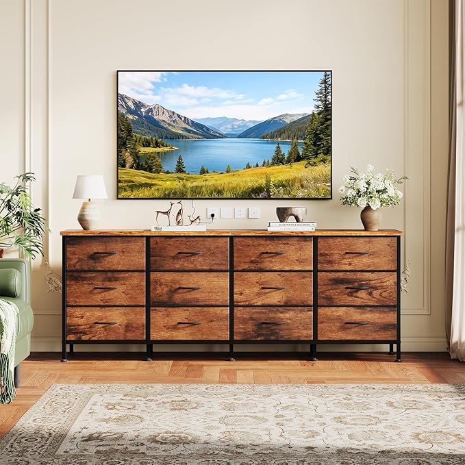 DUMOS TV Stand for Bedroom with Storage TV Stands for Living Room Rustic, 12 Drawer Dresser Farmhouse Entertainment Center for up to 80 Inch TVs, Media Console Table with Metal Frame Adjustable Feet
