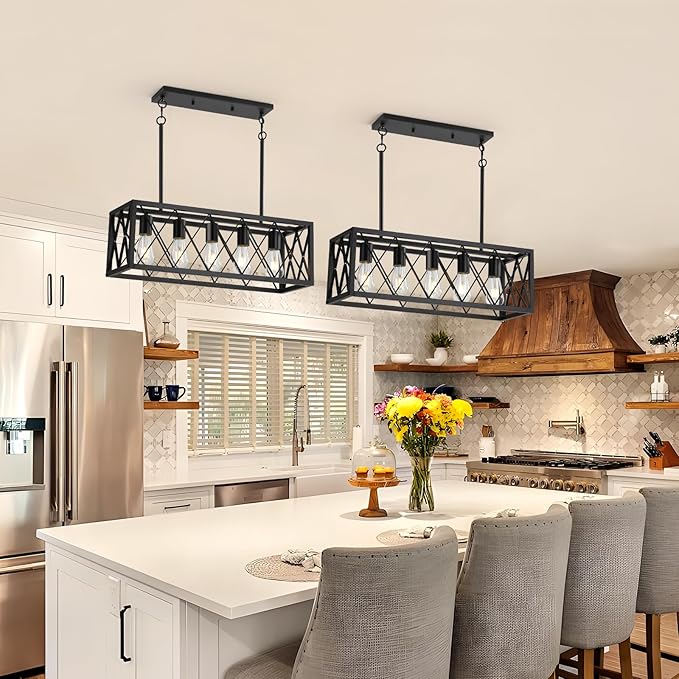 KEESFU Black Farmhouse Kitchen Island Lighting, 5 Lights Pendant Lighting Fixtures, Adjustable Height, Industrial Dining Room Light for Living Room Foyer Dining Table Over Sink.