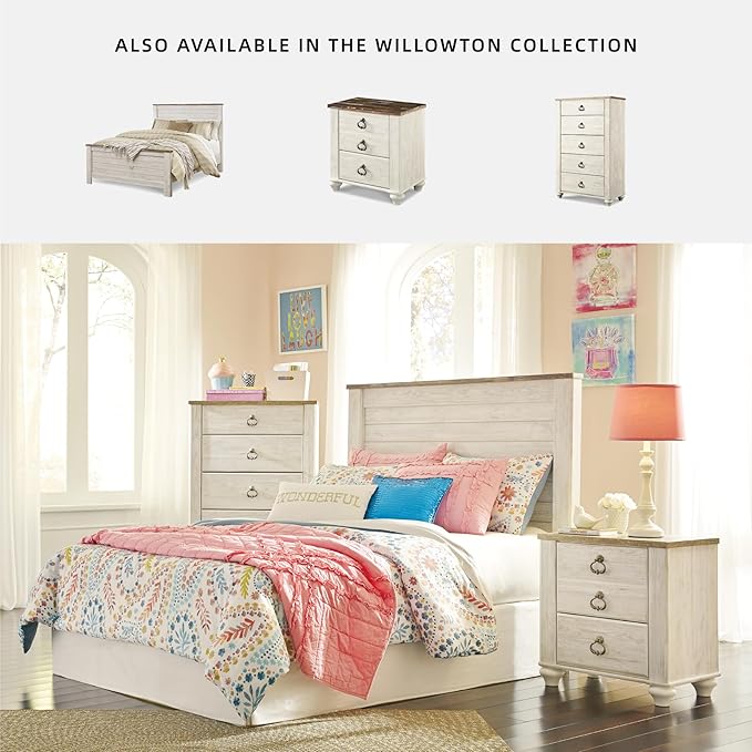 Signature Design by Ashley Willowton Shabby Chic Queen Panel Bed with Metal Slats, Foundation or Box Spring Needed, Whitewash