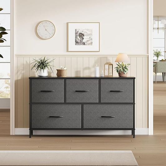 Sweetcrispy Dresser for Bedroom with 5 Storage Drawers, Fabric Storage Tower Organizer, Chest of Drawers with Metal Frame Wooden Top for Closet, Living Room, Entryway, Grey