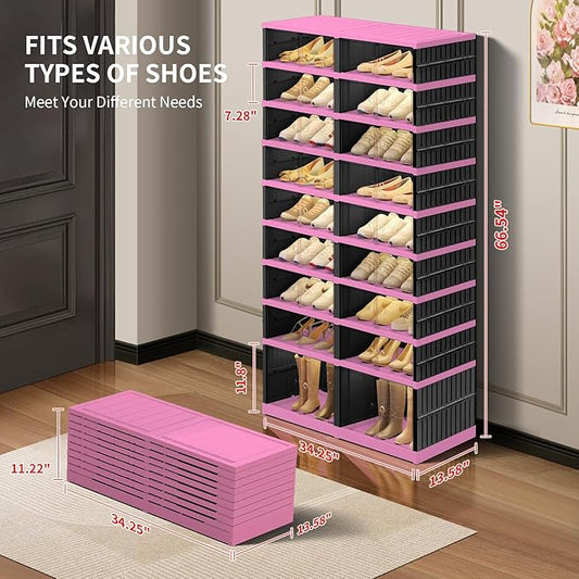 9-Tier Foldable Shoe Rack Organizer for Closet,36 Pairs Collapsible Plastic Shoe Shelf,Large Shoes Cabinet with Door,Clear Stackable Storage Box Easy Assembly(Black-Pink)