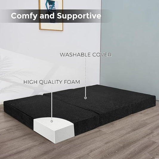 BYBYME Tri-Folding Corduroy Mattress, 6 Inch Gel Folding Mattress Topper, Foldable Soft Guest Bed Camping Pad, Washable Cover (Black, Queen)