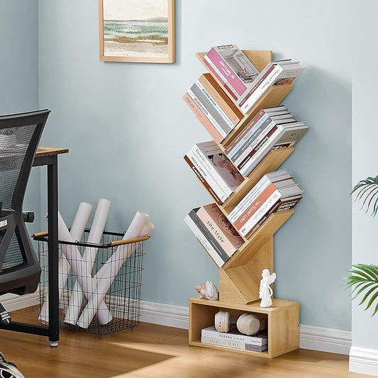 Hoctieon 6 Tier Tree Bookshelf, Tall Bookcase with Drawer, Freestanding Book Shelf, Display Floor Standing Storage Shelf, Book Organizer Shelves for Home Office, Living Room, Bedroom, Yellow