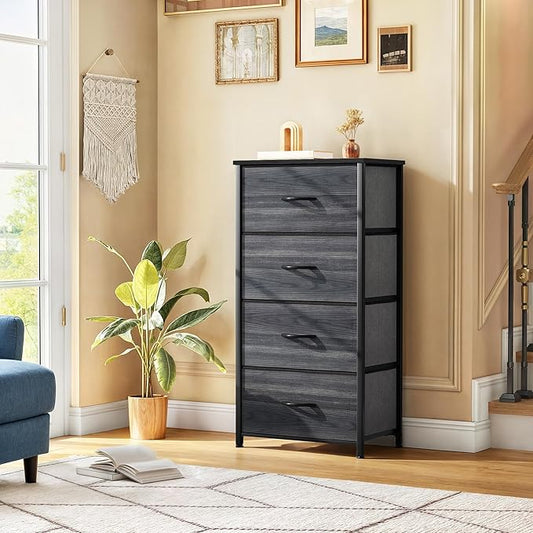 DWVO 4 Drawers Dresser, Dresser for Room, Fabric Storage Tower, Chest of Drawers, Organizer Unit for Closets, Living Room, Sturdy Steel Frame, Wooden Top, Easy Pull Fabric Bins