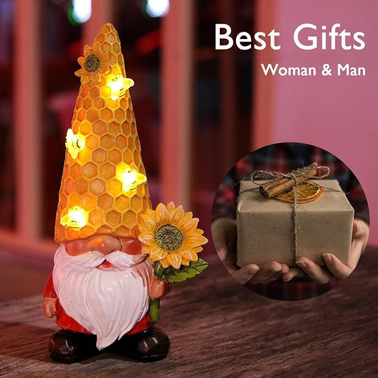 12.3''Garden Gnomes Outdoor Statues Clearance for Garden Decor with Solar Bee Lights,Spring Decorations Gnomes Outside Decor - Sunflower Gift for Women Mom,Yard Art Ornament for Patio Lawn