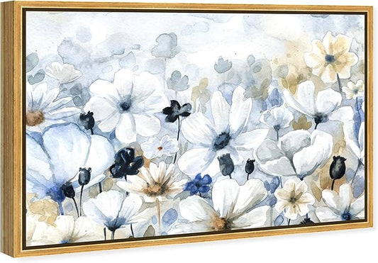 The Oliver Gal Artist Co. Floral and Botanical Wall Art Framed Canvas Prints 'Fields Flowers Home Décor, 45" x 30", Blue, White