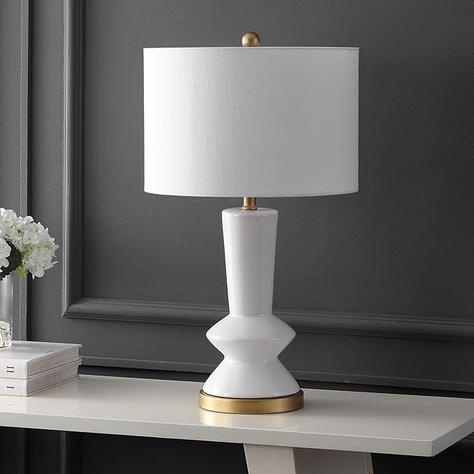 JONATHAN Y 27" White/Gold Modern Ceramic Table Lamp for Bedroom Living Room, with White Linen Shade, Glam Geometric Bedside Nightstand Lamp, LED Bulb Included JYL6607A