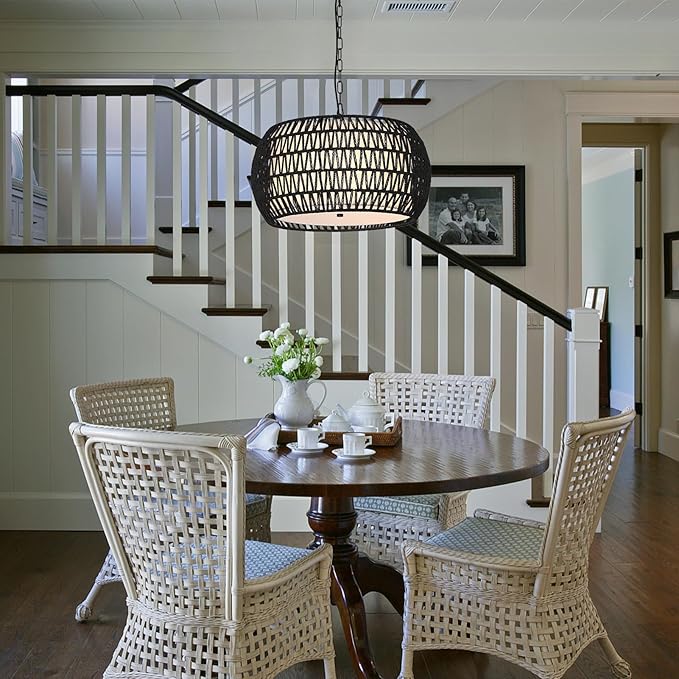 Farmhouse Chandeliers for Dining Room,5-Lights Rattan Boho Chandelier Light Fixture,Black Woven Dining Room Light Fixture with Fabric Shade,Modern Hanging Pendant Lighting for Kitchen Island Bedroom