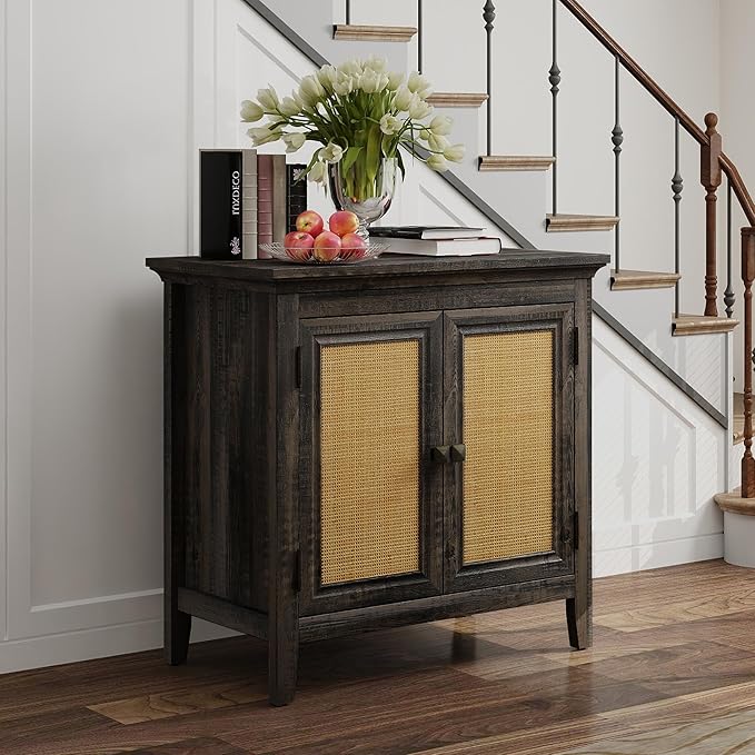 Rattan Sideboard, Kitchen Sideboard Cabinet with Adjustable Storage Shelf, Accent Buffet Cabinet with Rattan Doors, Wood Cabinet Organizer for Dining Room, Hallway, Living Room, Coffee