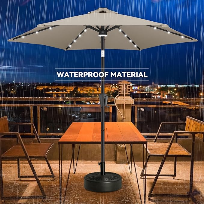 7.5FT Solar Umbrella Outdoor - Lighted Solar Patio Umbrella with 24 LED Lights Waterprool UV Protection, Table Umbrella with Tilt for Pool, Porch, Garden, Deck, Backyard (Taupe)