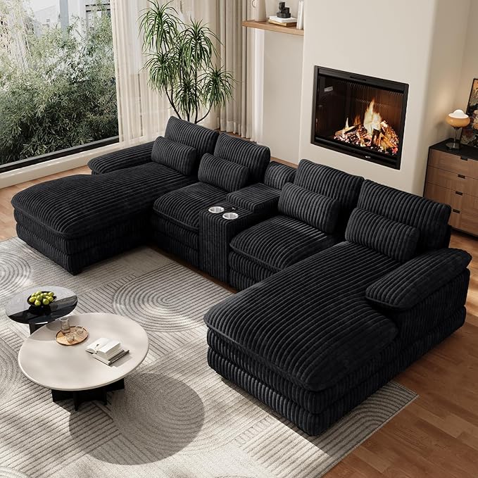 133" Oversized U Shaped Cloud Couch Modular Sectional Couches for Living Room Comfy Corduroy Deep Seat Sofa Set with Double Chaise Lounge, Storage Central Console, Cup Holders, USB Port, Black