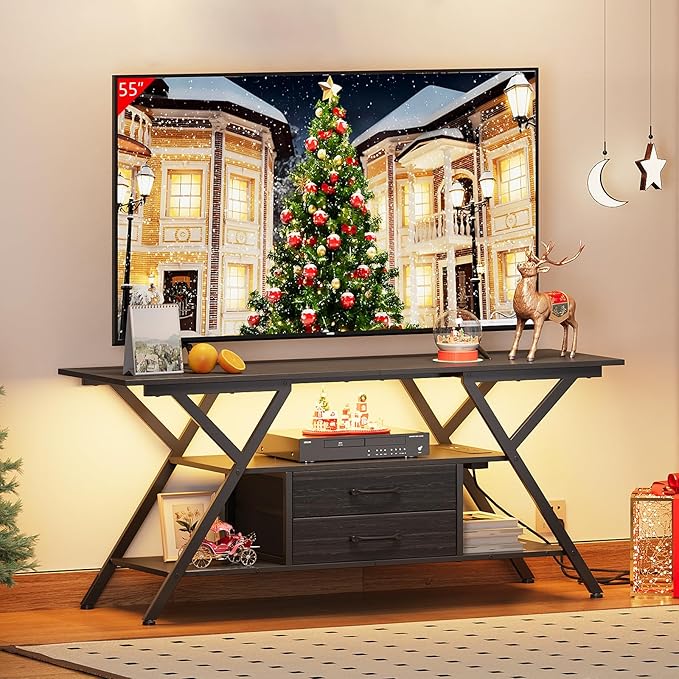 TV Stand with Power Outlet and LED Lights, Fits TVs up to 65”, 2 Fabric Drawers Entertainment Center with Open Storage Shelves, Media Console for Living Room, Bedroom (Charcoal Black)