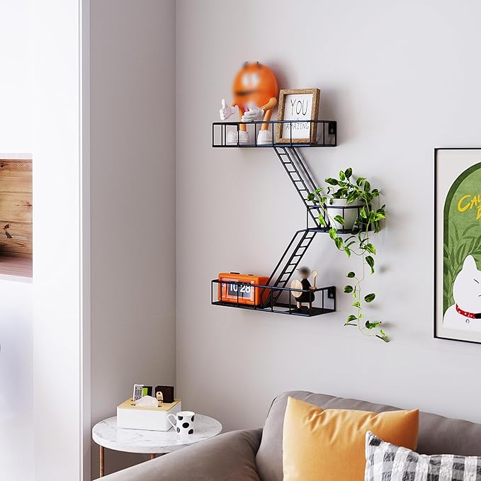 Fire Escape Wall Shelf with Baskets, 3-Tier Metal Fire Escape Ladder Shelf Wall Organizer, New York Inspired Decorative Shelf, Black Floating Action Figurine Display Shelves for Bedroom, Home Décor.