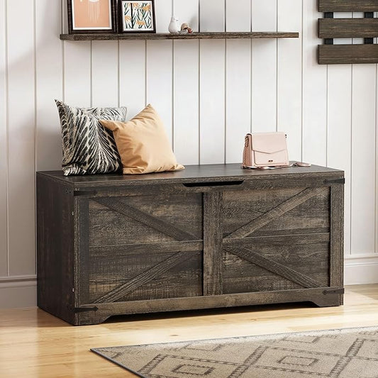 DWVO Wooden Storage Bench, Farmhouse Storage Chest with Safety Hinges, Entryway Shoe Organizer, Multi-Use Storage for Living Room/Bedroom, 39.4" L, Dark Rustic Oak