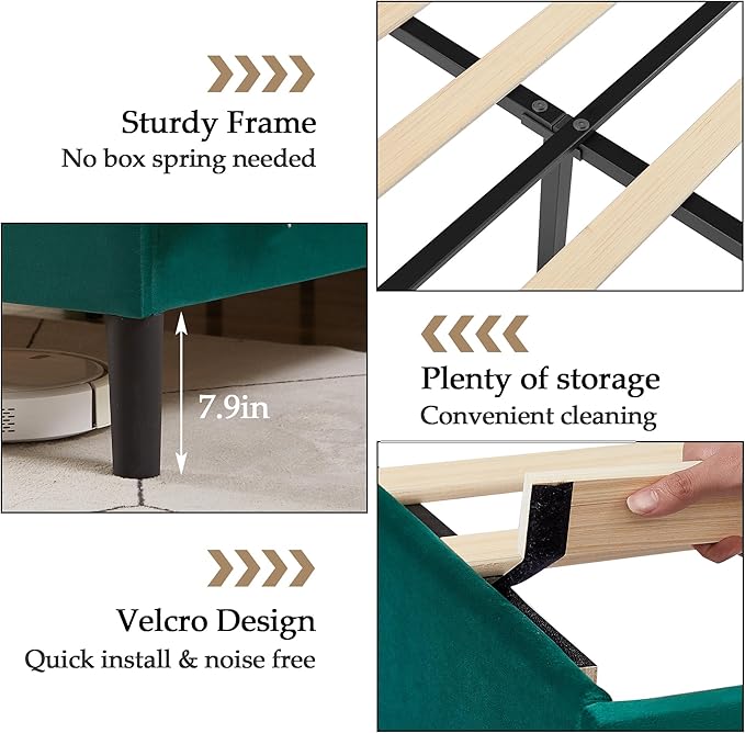 VECELO Full Bed Frame, Platform Bed Frame with Adjustable Height Upholstered Headboard, Heavy-Duty Frame and Strong Wooden Slats Support, Non-Slip and Noise-Free, Easy Assembly, Dark Green