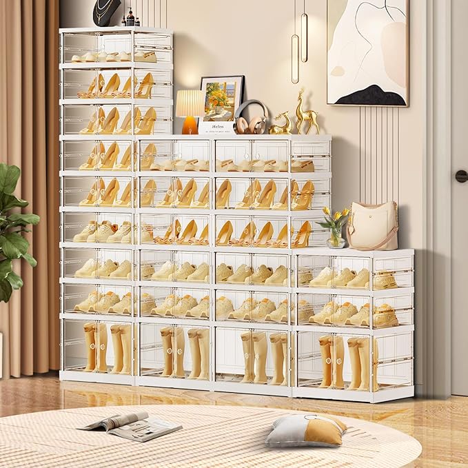 3-Tier Foldable Shoe Rack for Closet Entryway 3-6Pairs,Stackable Clear Shoe Storage Boxes Organizer with Door Plastic Shoe Cabinet Bins with Lids Shoes Shelf Easy Assembly Large White