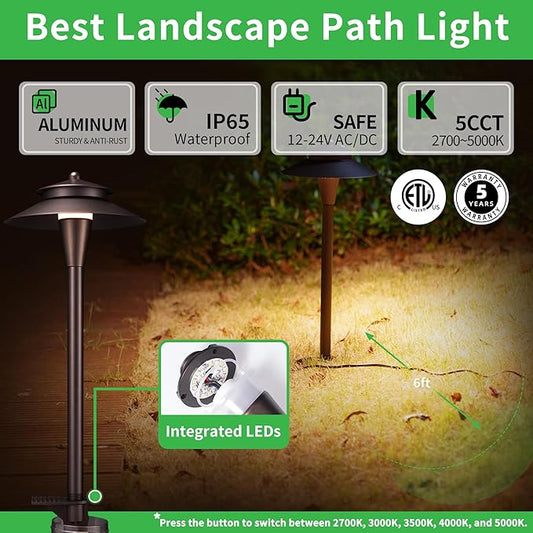 Hardwired Landscape Path Lights, Warm & Cool White Selectable Pathlight 12V, Low Voltage Walkway Light Waterproof, 5W 140LM ORB Metal Outdoor Lighting for Driveway Garden Sideway (8 Pack)