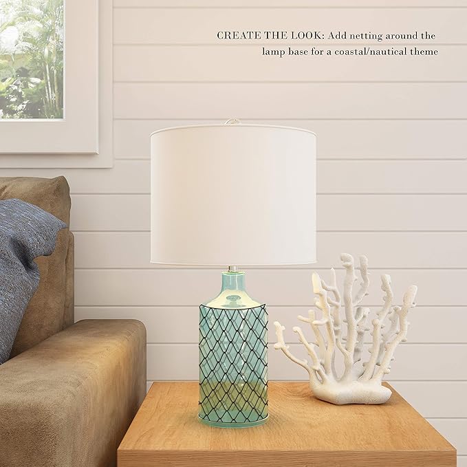 Table Lamp - Clear Glass Lamp with Open Base, LED Bulb, and Shade - Decorative Lighting for Coastal, Nautical, or Cottage Decor by Lavish Home (Blue)