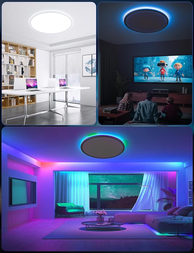 Smart Ceiling Light, RGB LED Flush Mount Ceiling Light with Remote,Ambient Lighting Fixture, 11 Inch 24W 2400LM 3000K-6500K, DIY Colors, Timer, White