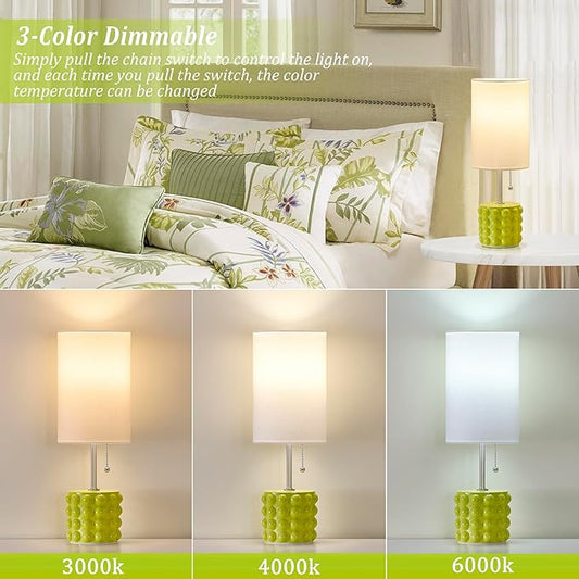 GyroVu Ceramic Small Table Lamp Set of 2, Adjustable Color Temperature Bedside Nightstand Lamps with Pull Chain for Bedroom Living Room Reading, Green, 2 Bulbs