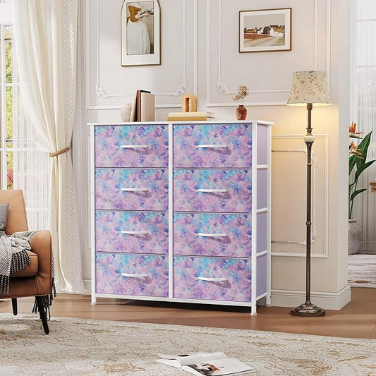 DWVO Dresser with 8 Drawers - Fabric Storage Tower, Organizer Unit for Bedroom, Hallway, Closets - Sturdy Steel Frame, Wooden Top & Easy Pull Fabric Bins (Purple)