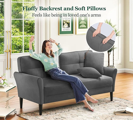 Loveseat Sofa, 69" Love Seat Couches, Comfy Velvet Small Couches for Small Spaces with 2 Pillows, Tool-Free Setup Sofas & Couches, 700lb Load Sofas for Living Room, Mini Couch for Bedroom, Charcoal