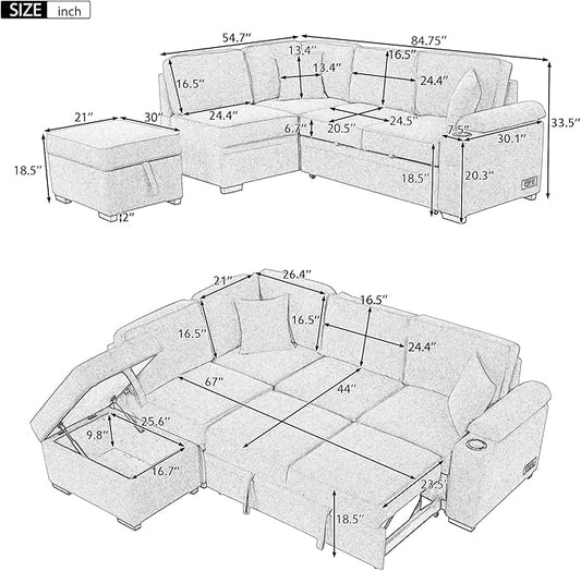 ERYE 84-Inch Left Facing Corner Sleeper Sectional Sofa with Pull Out Sleeper Couch Bed and Storage Ottoman,L-Shaped Corner Convertible Sofa Bed W/Cupholder & Padded Armrests | USB Charging Ports, 3-pin Plug Socket