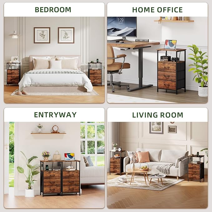 Somdot Nightstands Set of 2,Bedside Tables with Charging Station and LED Lights,Night stand with 3 Fabric Drawers, End Tables with Open Shelf for Bedroom Living Room Entryway Hallway, Wood Grain Print
